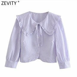 Women Sweet Agaric Lace Striped Print Short Blouse Shirt Breasted Chic Office Femininas Blusas Crop Tops LS9303 210420