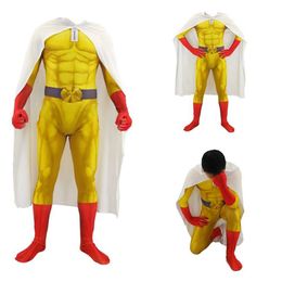 Anime ONE PUNCH MAN Costumes Superhero Saitama Cosplay Men Boys Halloween Jumpsuit Outfits with Cloak Cape Full Set Kids Adult Q0910