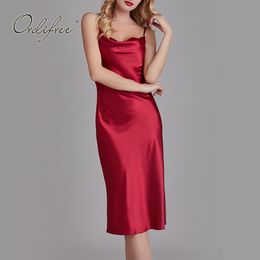 Summer Women Satin Slip Knee Length Sexy Spaghetti Strap Silk Party Dress 210415