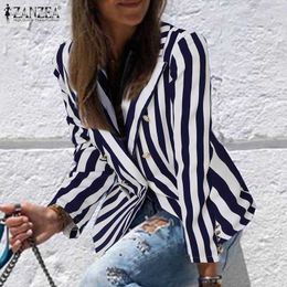 ZANZEA Fashion Double Button Short Coats Women Autumn Vertical Striped Coats Casual Office Lady Long Sleeves Outwears Oversized X0721