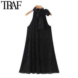Women Chic Fashion With Bow Tied Flocking Mini Dress Vintage Sleeveless Lining Female Dresses Vestidos Mujer 210507