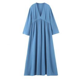 Fashion Blue Draped Midi Dress Women Summer Deep V Neck Half Sleeve Female Dresses Vestido Feminino 210430