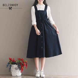 Summer Autumn Women Sleeveless Vintage Dress Navy Blue Cotton Linen Casual Loose Vestidos Spaghetti Strap Female Dresses 210520