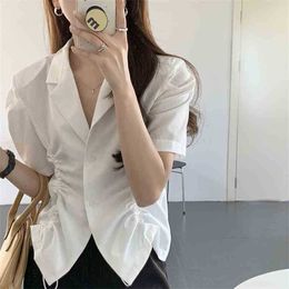 Stylish Femme V-Neck Summer All Match Solid Loose-Fitting Slim Office Lady Shirts Casual Chic Brief Blouses 210525