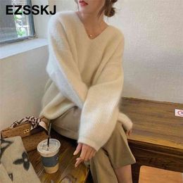 Basic Thick Loose v-neck oversize Sweater Pullover Women Autumn winter Casual long Sleeve Sweater For women Chic Jumpers top 210805