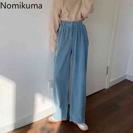 Nomikuma White Corduroy Wide Leg Pants Autumn High Waist Loose Straight Trousers Women Fashion Casual Pantalones Mujer 3d720 210514