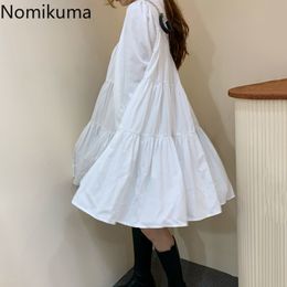 Nomikuma Autumn Puff Long Sleeve Women Dresses Korean Pleated V-neck Causal Doll Dress Sweet A-line Vestidos Femme 6C304 210427