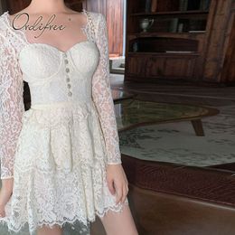 Elegant Women Mini Party Long Sleeve White Lace Vintage Ruffle Sexy Princess Dress 210415