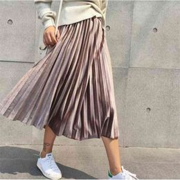 Pleated Skirt Autumn Winter Fashion High Waist Solid Color Mid-Calf All-match Swing Elastic Midi 210607