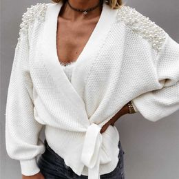 Fashion Women Ladies Long Sleeve V-neck Bowknot Pearl Pure Colours Waist Knitted Lace-Up Cardigan Sweater Casual Pullover Tops#g3 X0721