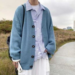 Men Cardigan Autumn Male Outwear Tops Sweaters Knit Solid Loose Casual Preppy Style Korean Fashion Knitwear Coat Pull Homme 211029