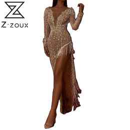 Women Dress Temperament Party es Deep V Neck Sequins Tassel Asymmetrical Maxi es Plus Size Sexy 210524