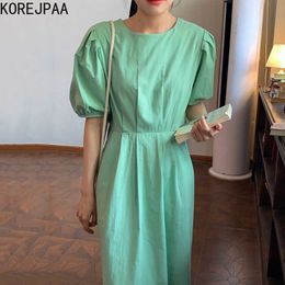 Korejpaa Women Dress Summer Korean Chic Girl Gentle Candy Color Round Neck Halter Lace-Up Pleated Waist Puff Sleeve Vestido 210526