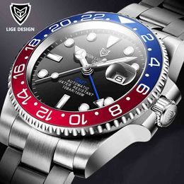 LIGE Men Watches Sapphire Glass 40MM Ceramic GMT Automatic Mechanical Watch Men 100m Waterproof Classic Fashion Luxury Clock+Box 210407