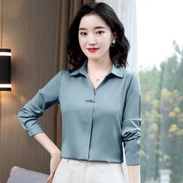 Korean Silk Blouse Women Satin White Shirts Woman s Long Sleeve Tops Plus Size Elegant V-neck Shirt 3XL 210604