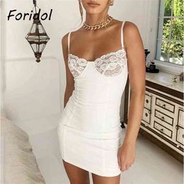White Lace Knitted Bodycon Slip Dress Women Summer Spaghetti Strap Short Mini Party Sleeveless 210427