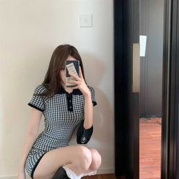 Mini Short Sleeve Lapel Black White Bird Lattice Dress Women Summer Chic Korean Casual Retro Slim Wrap Hip Vestido Plaid Wild 210610