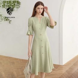 FANSILANEN Ruffle elegant green plaid dress Women v neck puff sleeve vintage midi Autumn winter slim sexy office 210607