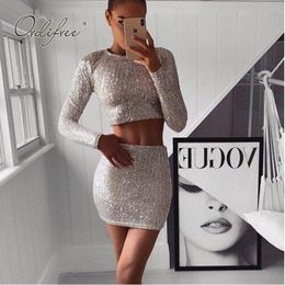 Spring Women 2 Piece Set Long Sleeve Sext Tops Silver Gold Sequine Mini Pencil Crop Top and Skirt Sets 210415