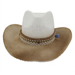 paper carnival UK - QIUBOSS Summer Brown Spray-painted Large Brim Paper Straw Cowboy Hats Women Ladies Beach Jazz Cap Sunhat Carnival Stage Show Hat
