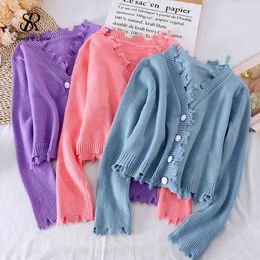 Women Korean Solid Knitting Cardigan V Neck Loose Casual Buttons Autumn Winter Special Style Cardigans 210419