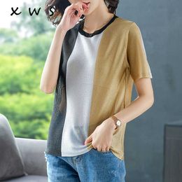 Shiny Lurex summer Sweater women short sleeve o neck patchwork knit female thin sweater and pullover casual oversize top 210604