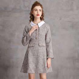 Johnature Women England Style Dress Peter Pan Collar Button Long Sleeve Spring A-Line High Quality Women Dresses 210521