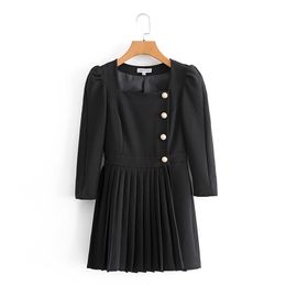 Women Summer Elegant Blazers Dress Pleated 3/4 Sleeve Buttons Black Vintage Casual Female Mini Dresses Clothes Vestidos 210513
