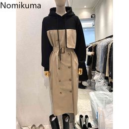 Nomikuma Patchwork Elegant Hooded Dresses Double Breasted Belt Slim Waist Women Dress Autumn Winter Korean Vestidos 6C373 210427