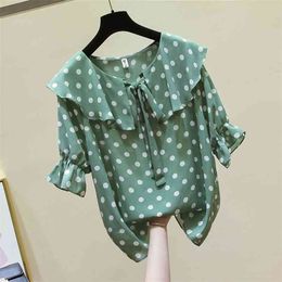 Summer Women Shirt Plus Size Half Sleeve Polka Dot Print Chiffon Shirts Sweet Cute Peter Pan Collar Ruffles Blouse D24 210512