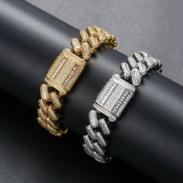 Top Quality Hip Hop Bracelet 15mm White Gold Brass Iced CZ Heavy Baguette Cuban Link Wristband Miami Curb Chain Jewellery Party Punk Gifts For Man And Women Bijoux