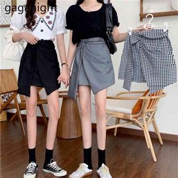 Summer Woman Mini Skirts Harajuku Korean Irregular Wrap Skirt Fashion Plaid Black Grey High Waist Short Female 210601