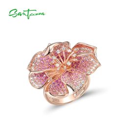 SANTUZZA 925 Sterling Silver Rings For Women Gorgeous Lab Created Ruby/Pink Sapphire Gradient Flower Blossom Bague Fine Jewelry 211217