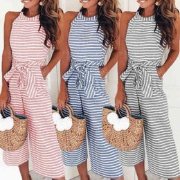 Elegant Sexy Jumpsuits Women Sleeveless Striped Jumpsuit Loose Trousers Wide Leg Pants Rompers Holiday Belted Leotard Overalls 210419