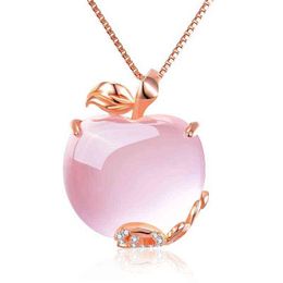 Wholesale CZ Crystal Pink Opal Pendant Necklace Chokers Rose Gold Colour for Women Girls Ross Quartz Cute Gift G1206