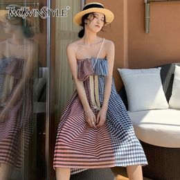 TWOTWINSTYLE Patchwork Striped Plaid Dress For Women Hit Color Elegant Korean Sling Dresses Female Fashion Summer Clothing 210517
