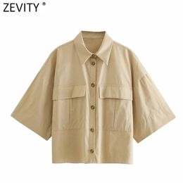 Women Safari Pockets Patch Solid Poplin Blouse Female Short Sleve Breasted Casual Shirt Roupas Chic Chemise Tops LS9087 210420