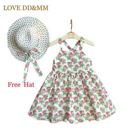 LOVE DD&MM Girls Party Princess Dresses Children's Wear Sweet Sling Rose Sleeveless Dress Kids Clothing For Girl Free Hat 210715