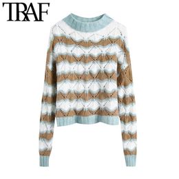 TRAF Women Fashion Hollow Out Cropped Knitted Sweater Vintage O Neck Long Sleeve Female Pullovers Chic Tops 210415