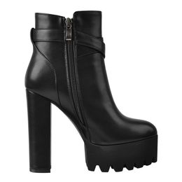 Womens Matte Black Platform Chunky High Heel Side Zip Ankle Boots Plus Size Boots