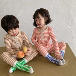 Autumn children cotton striped Pajama Sets Boys and girls elastic leisure wear 2pcs sets 211130