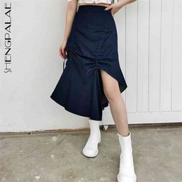 Irregular Drawstring Skirt For Women In Spring High Waist Fashion Solid Color Knee-length Female 5B452 210427