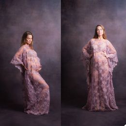 Pregnant Evening Dresses Photo Robes Pajam Robe Jewel Long Sleeve Appliques Lace Tulle Gowns Custom Made Floor Length Bathrobe Mesh Dress