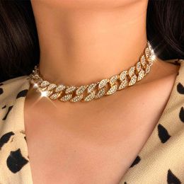 Cuban Necklace for Women Men big Link neck Chain Gold Silver Colour Bling Rhinestones Miami Punk Rapper Hip Hop Jewellery