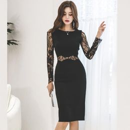 Arrival Comfortable Fashion Vintage Solid Formal Dress High Quality Sexy Lace Perspective Sleeves Cute Elegant Pencil Casual Dresses
