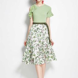 PERHAPS U O-Neck Asymmetrical Short Sleeves Lace Hollow Knit Top Blouse & Ruffle Floral Print Dress Two-Piece Set Suit T3029 210529