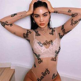 Summer Sexy Letter Print Transparent Mesh Bodysuits Long Sleeve See Through Baby Bodycon Rompers Women Jumpsuits 210607