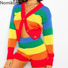 Nomikuma Rainbow Stripe 2piece Sweater Sets Long Sleeve V-neck Knitted Cardigan Coat + Stretch Waist Shorts Women Outfits 6C357 210427