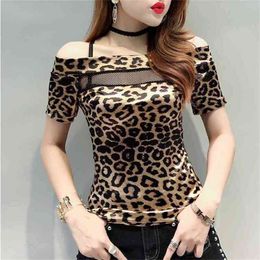 T-shirt Women Black Leopard Slash Neck Mesh Patchwork Hollow Out Summer Top Shirt Short Sleeve Camiseta Mujer T95491 210421