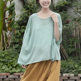 Johnature Women Green Summer T-Shirts Half Sleeve O-Neck Casual Soft Cotton Loose Female Clothes Casual T-Shirts 210521